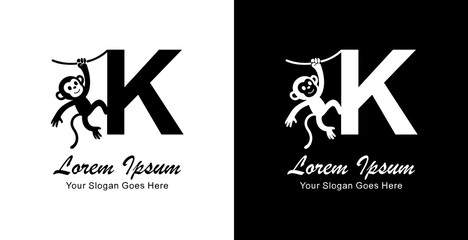 The logo design of a monkey hanging combined with the letter K