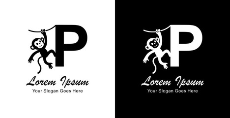 The logo design of a monkey hanging combined with the letter P