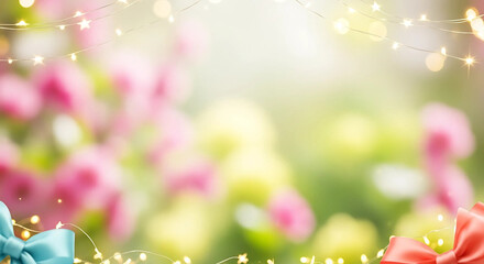Blurred floral background with bows and string lights