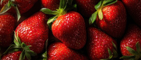 The Strawberries Closeup Display of Fresh Ripe Red Strawberries with Green Leaves
