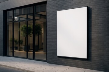 Blank vertical billboard on black brick wall outside modern building with glass windows and potted plants in soft daylight scene. Ai generative