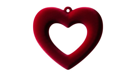 Deep red velvet heart shape with a hole for hanging isolated on a transparent background love