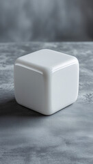 A minimalist white square box with rounded edges sits on a textured gray surface