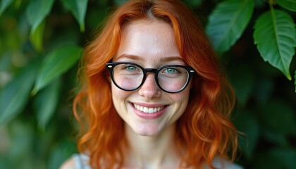 Smiling young woman with red hair wears glasses outside. She has a cheerful expression against a background of green leaves. Natural outdoor portrait of a happy person.