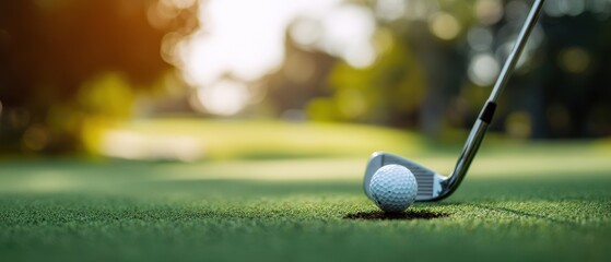 The Golf Ball and Putter on a Sunlit Putting Green with Bokeh Background