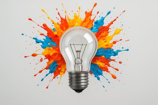 Creative explosion of colorful paint splashes behind a realistic light bulb on a clean background symbolizing innovation and bright ideas concept. Ai generative