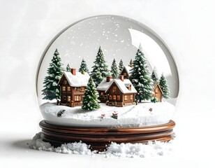 A wintery snow globe scene with miniature houses and trees