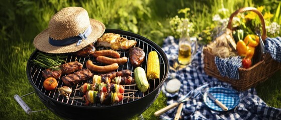The Barbecue Grill Loaded with Sausages Skewers and Summer Picnic Essentials