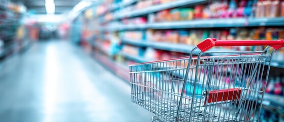 The Shopping Cart in a Bright Modern Supermarket Aisle Full of Products