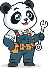 Funny cartoon vector illustration of a panda bear character with a bamboo and a hat