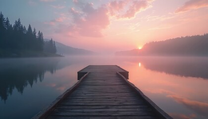 Fototapeta premium Wooden pier on calm lake at dawn with pink sky and mist rising from water. Pine forest on distant shore creates serene landscape backdrop. Peaceful morning view.