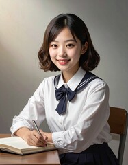 책상에 앉아있는 여고생