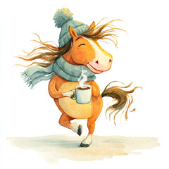 Cheerful horse wearing a hat and scarf enjoys a warm drink on a chilly day