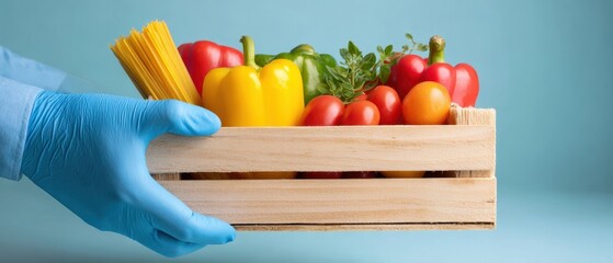 The Wooden Crate of Fresh Colorful Vegetables and Pasta in Gloved Hand