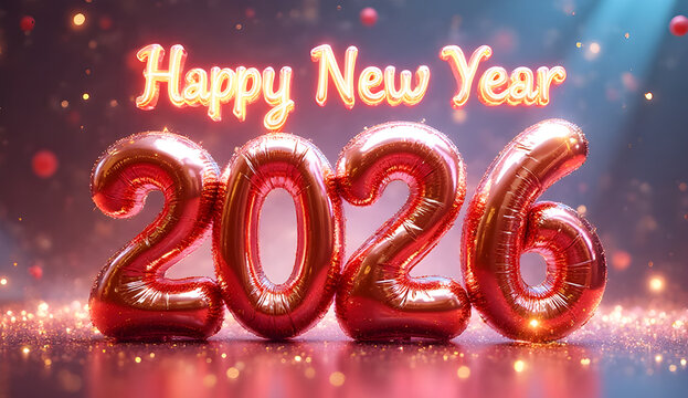 Glossy bloon bubble text effects happy new year  2026, glossy bloon Text effects 2026, glossy bubble text effects 2026, happy new year , vibrant pink color of text, vibrant yellow color text