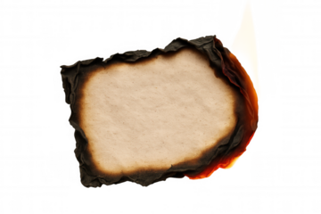 Old paper sheet burning, charring and smoldering, showing fire damage. Transparent alpha channel background