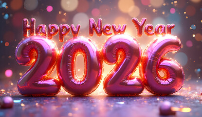 Glossy bloon bubble text effects happy new year  2026, glossy bloon Text effects 2026, glossy bubble text effects 2026, happy new year , vibrant pink color of text, vibrant yellow color text