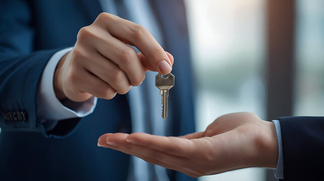 Key Handover: A symbolic moment captured as one professional hands over a key to another, the epitome of trust, exchange, and new opportunities. - Powered by Adobe