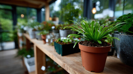 A beautiful display of various potted plants in a nursery, showcasing lush greenery, natural light, and a serene environment for plant lovers to explore.