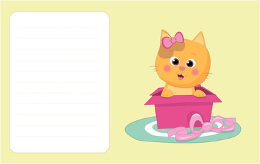 Cute cartoon kitten with a pink bow peeks out of a gift box on a teal mat, surrounded by soft pastel colors and a pink label frame, perfect for a girl’s greeting card design.