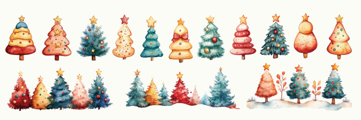 Watercolor Christmas trees winter cozy holiday illustration with toys decor New Year decoration for cards and posters