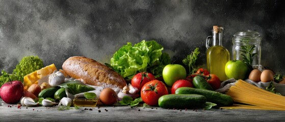 The Fresh Grocery Spread of Bread, Vegetables, Fruit, Olive Oil and Pasta