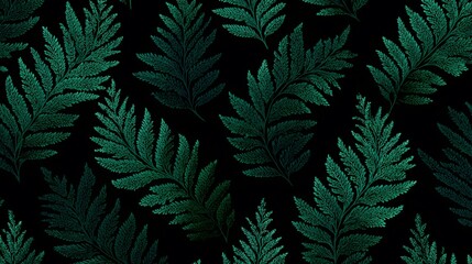 Beautifully illustrated and detailed pattern showcasing lush, green fern fronds arranged artfully across a dark, contrasting black background, offering a striking visual impact and a touch of...