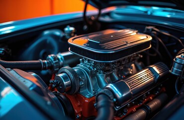 Powerful car engine close up. V8 motor has chrome air filter and orange block. Gleaming metal parts under blue lighting. Automotive power machine detail.