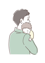寝ている赤ちゃんを抱っこするパパのイラスト素材