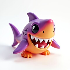 Fototapeta premium A colorful cartoon toy smiles wide showcasing large teeth. The friendly aquatic creature illustration features vivid purple and orange hues on white backdrop.