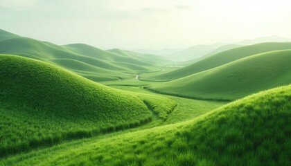 Fototapeta premium Green hills with lush grass, rolling landscape. Serene scenery, natural terrain. Earthy environment, environmentally friendly. Outdoor scenery, grassy hillside. Natural landscape, 3D rendering.