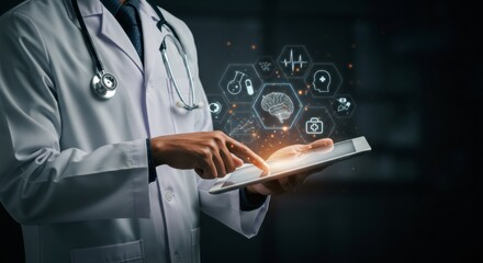 Doctor Using Tablet with Digital Medical Icons in Dark Background Professional White Coat Stethoscope Health Technology Futuristic Interface Blurred Backdrop