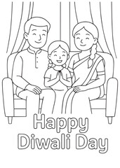 Coloring book happy family sitting on sofa together Happy Diwali Day