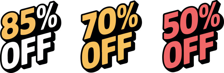 Illustration featuring various discount offers, including 85, 70, and 50 off, each rendered in a bold, cartoonish style with vibrant colors and dynamic outlines