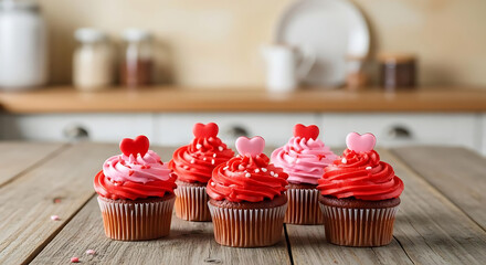 Six valentine cupcakes with red and pink frosting and heart toppers on a wooden surface in a kitchen ai generated