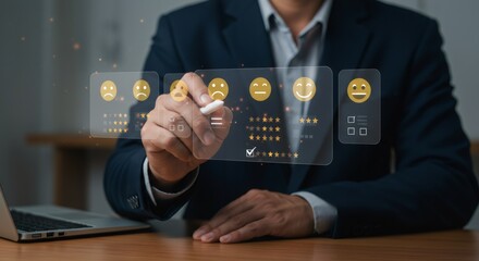 Man Interacting with Digital Emotion Interface in Dark Blue Blazer at Wooden Desk with Laptop in Office Ambient Lighting Concept