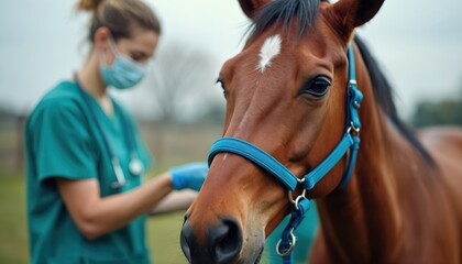 Veterinarian in green uniform and mask checks horse with stethoscope. Equine specialist offers medical care, examination, and assistance to animal on farm.