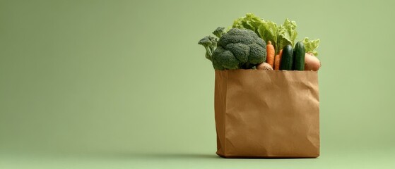 The Paper Bag of Fresh Organic Vegetables on Minimal Green Background