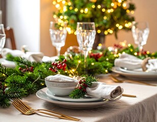 Fototapeta premium A Christmas dinner table setting with festive decorations and lights