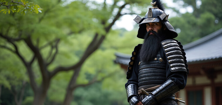 Stern samurai in full armor stands in garden. Holds katana, looks serious. Warrior wears helmet. Image shows Japanese warrior tradition, culture heritage. Samurai demonstrates courage, power,