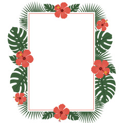 Vibrant Hibiscus and Tropical Leaves Frame.