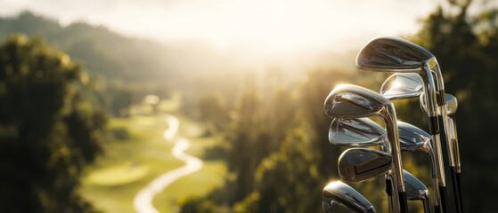 The Golf Clubs Set Standing in Bag with Scenic Sunlit Golf Course Background