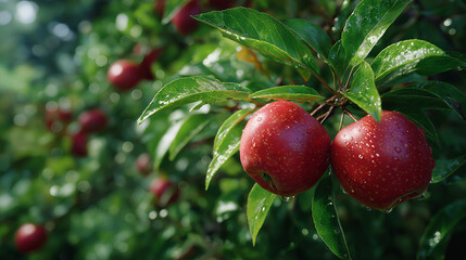 Obraz premium The Crimson Embrace: Two ripe, glistening apples, laden with droplets, hang from the verdant branches, an epitome of nature's bounty. Capture a perfect image of freshness.