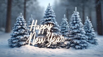 Happy new year text in a snowy forest with snow covered trees and a blurred background landscape view