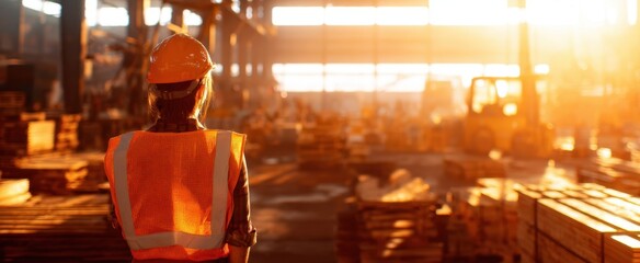 The construction worker observing operations in a warehouse during sunset.
