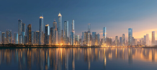 Fototapeta premium Cityscape Serenity: A mesmerizing vista of a modern city skyline at dusk, the towering structures reflecting in the tranquil water below, creating a serene and inspiring atmosphere.
