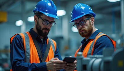 Two male technicians wearing hard hats and safety vests look at a smartphone screen. They are in a factory or industrial setting reviewing data or plans. Bearded men with glasses consult device.