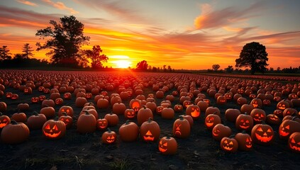 Obraz premium Pumpkin Patch at Sunset with Jack-O'-Lanterns Glowing at Dusk in a Wide Field for Halloween
