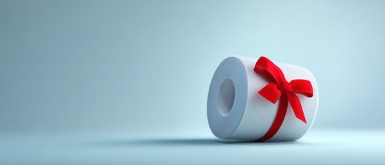 The Toilet Paper Roll Wrapped with a Red Bow on a Minimal Blue Background