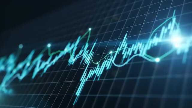 Digital financial graph displaying market trends with fluctuating data lines and grid background